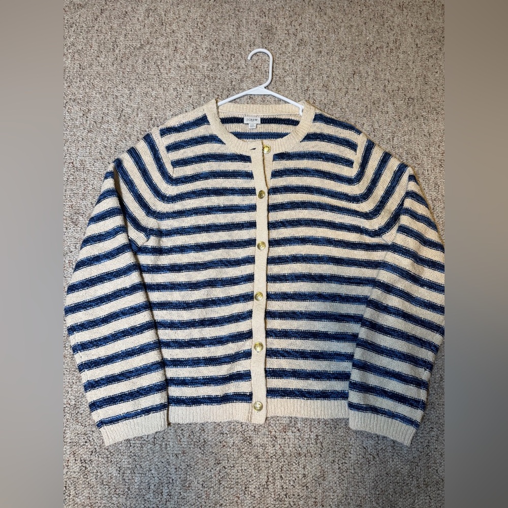 J. Crew Women Striped Slub Cotton-blend Cardigan Sweater Beige Navy Blue XXL - Picture 6 of 10